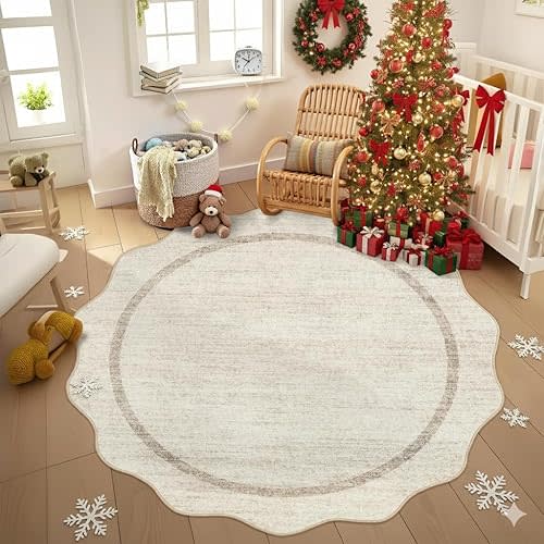 GarveeHome Scalloped Round Rugs 6 ft Washable Area Rug for Playroom, Kids Non-Slip Neutral Classic Circle Rug Modern Large Carpet Soft Boys Rug for Classroom Dorm Bedroom, Beige