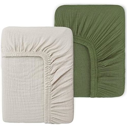 Muslin Mini Crib Sheets for Girls & Boys-2 Pack 24"x 38" Soft Baby Mattress Sheets Fitted-No Slip Neutral Toddler Cotton Bedding-Boho Nursery Décor Olive Green & Beige