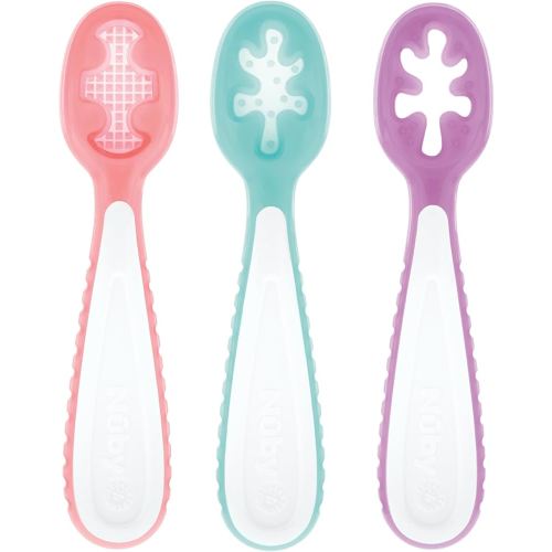Nuby 3-Stage Baby's First Spoons Set - 3 Pack - 6+ Months - Baby Spoons with Easy Grip Handle - Encourages Self-Feeding - Rose/Aqua/Violet