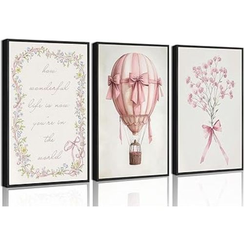 3Pcs Pink Nursery Wall Art Pictures Cute Baby Girls Room Posters Print Neutral Pink Bow Bouquet Hot Air Balloon Pastel Painting Wall Decor for Kids Room Little Girl Bedroom 12x16in Unframed