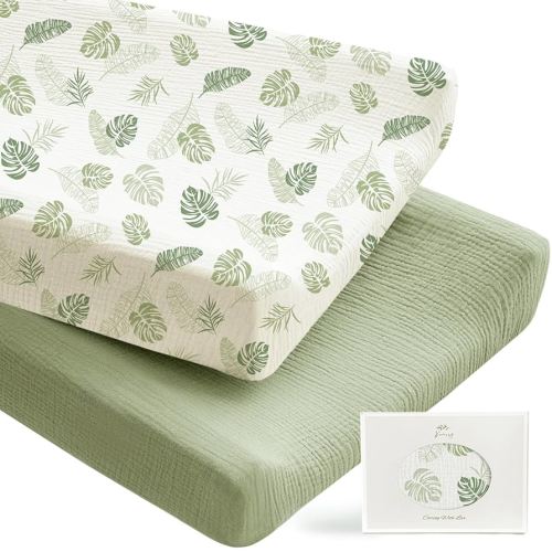 Konssy 2 Pack Muslin Changing Pad Covers for Boys, Ultra Soft & Breathable Cotton Baby Diaper Changing Table Covers, Neutral Nursery Diaper Changing Pad Sheets (Palm Paradise, Sage)