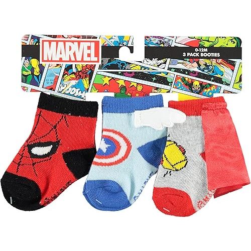Spiderman Baby Booties 3-Pack - Spiderman Baby Socks with Captain America and Thor (3-Pack, 0-12 Months)
