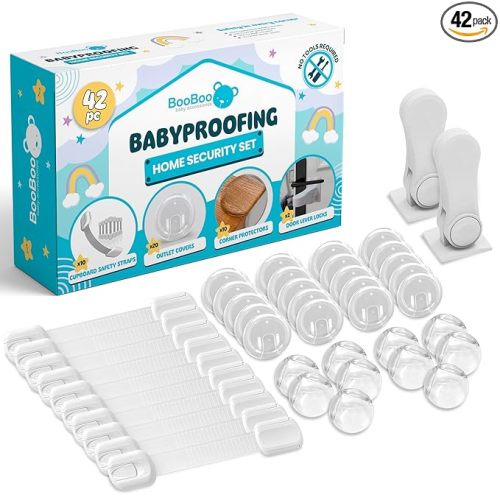 Booboo (42 Pack) Child Safety Baby Proofing Kit | x10 Cabinet Drawer Locks, x10 Corner Guards, x20 Outlet Covers, x2 Door Lever Lock | Baby Proof Your Home & Kitchen with No Trapped Fingers