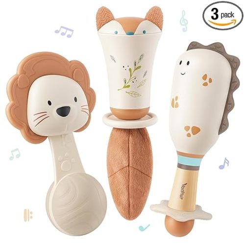 Baby Rattles - Teething Toys 3-6 Months, Baby Toys 0-6 Months, Sensory Toys for Newborn Babies, Rattles for Babies 0-6 Months, Neutral Color Baby Shower Gift (3PCS)
