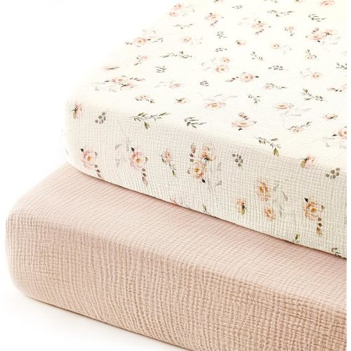 GRSSDER Soft Muslin Crib Sheet 2 Pack, 100% Cotton Crib Sheets for Boys and Girls, Fit Standard Crib Mattresses 52" x 28" Safe and Snug, Blush Rose/Beige