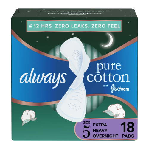 Always Pure Cotton Feminine Pads With Wings, Size 5, Extra Heavy Overnight Absorbency 18 CT