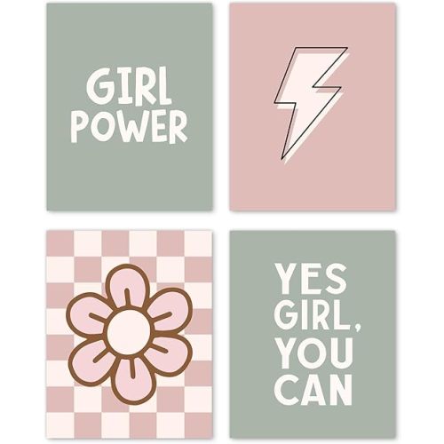 Hxlac Girl Room Wall Art Prints Set of 4 Unframed - Pink and Green Preppy Wall Art, Preppy Checkered Wall Decor for Teen Girls Room Dorm Nursery, Preppy Inspirational Girl Power Wall Decor(8x10 Inch)
