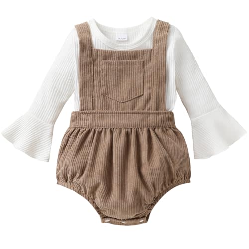 Tiny Cutey Newborn Baby Girl Clothes Bell Sleeve Romper and Corduroy Overalls Shorts Infant Girl Fall Outfits