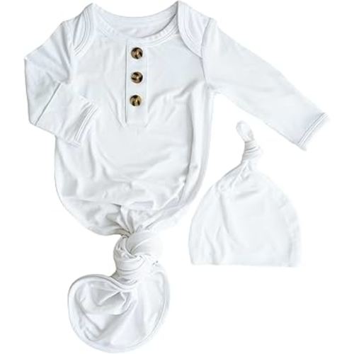 Caden Lane Newborn Knotted Gown with Hat, Soft Bamboo Viscose Baby Sleep Sack, Unisex Infant Nightgown, Breathable Sleepwear