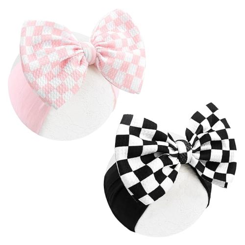 YanJie 2PCS 6’’ Light Pink Bows for Baby Girls Checkered Headband Black Bow Infants Toddler Hair Accessories Newborn Headbands Hair Bow Baby Clothes