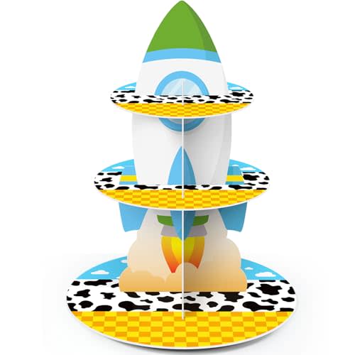3 Tier Cartoon Story Party Decoration Cupcake Stand Cartoon Story Cupcake Tower Rocket Cake Holder Dessert for Birthday Party Baby Shower Dessert Table Decor Supplies