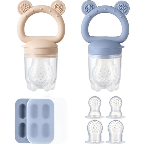 2 Pack Silicone Baby Fruit Feeder with Mini Freezer Tray, Fresh Food Feeder for Safe Infant Self Feeding, Extra Food Pouches, Breastmilk Popsicle Molds for Baby Teething Relief - Blueberry