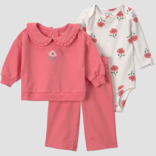 Carter's Just One You® Baby Girls' 3pc Rose Sweatshirt, Long Sleeve Bodysuit and Pants Set - Pink Newborn