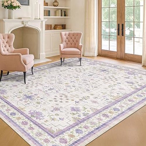 5x7 Light Purple Area Rug for Girls Bedroom, Living Room, Nursery, Non Slip Washable Area Rugs, Lavender and Cream with Green Accent, Low Pile Foldable Carpet