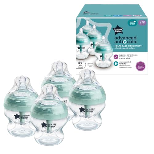 Tommee Tippee Advanced Anti-Colic Baby Bottles, Newborn 0m+, 5oz | Pack of 4, Slow Flow Breast-Like Nipple, Unique Design Keeps Air Away from Milk, Clear, BPA Free
