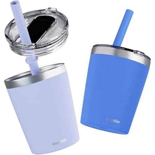 CUPKIN Kids Cup, The Original 8 oz Stackable Stainless Steel Kid Cups, Set of 2 Powder Coated Insulated Sippy Cup for 1+ Year Old Toddlers & BPA Free Lids & Reusable Silicone Straws (Blue + Gray)