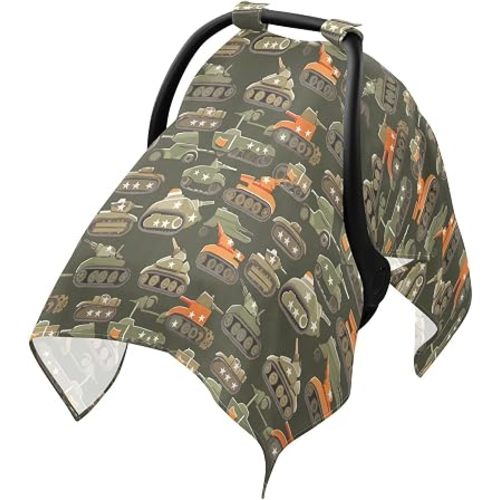 Vintage Army Military Cartoon Tanks Car Seat Cover Baby, Carseat Canopy Cover for Girl Boy, Breathable Baby Carrier Cover Stroller Sun Shade Universal Fit Breastfeeding Cover