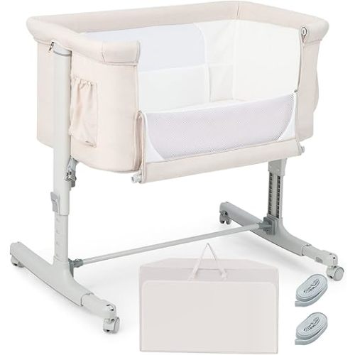 HONEY JOY Baby Bassinet Bedside Sleeper, 3-in-1 Easy Folding Portable Crib for Baby with Wheels, 5 Adjustable Heights, Easy to Assemble Bed to Bed, Mattress & Carry Bag for Infant Newborn (Beige)