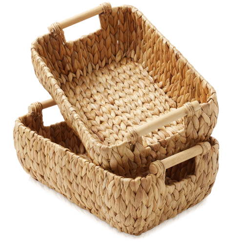 Casafield (Set of 2) Water Hyacinth Oval Storage Baskets with Wooden Handles - Medium Woven Bin Organizers