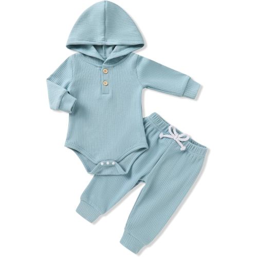 YOUNGER TREE Newborn Baby Boy Girl Clothes Hooded Long Sleeve Romper Pants Set Solid Ribbed Infant Fall Winter Outfits