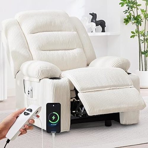 Power Recliner Chair with Cup Holders, Electric Recliner Chair for Adults, Living Room Reclining Chair, Home Theater Seating Lounge Chair (1, Stripe White)