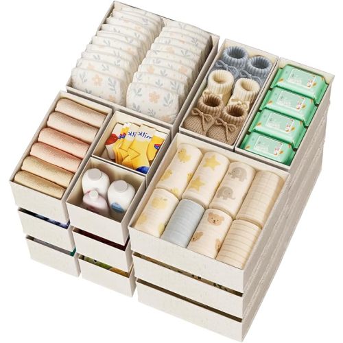 Linen Drawer Organizers for Nursery, Dresser & Closet (20-Pack) – Sturdy, Collapsible Nursery & Dresser Dividers for Baby Clothes, Socks, Underwear & Essentials – Multi-Size Set, Beige
