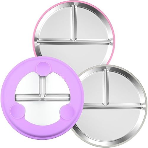 3-Pack Stainless Steel Baby Plates with Suction, BPA-Free Stainless Steel Kids Plates, 9" Divided Toddler Plate for Dishwasher Safe, Non-Slip Silicone Base, Detachable (Pink, Gray, Purple)