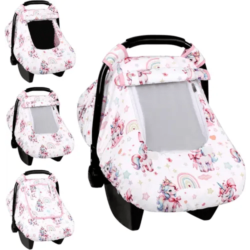 Car Seat Cover Baby, HNHUAMING Infant Car Seat Covers Canopy for Baby Girl Boy, Cozy & Windproof Unicorn Newborn Carseat Covers Minky Dot Backing Stroller Cover with Breathable Mesh Window, Rainbow