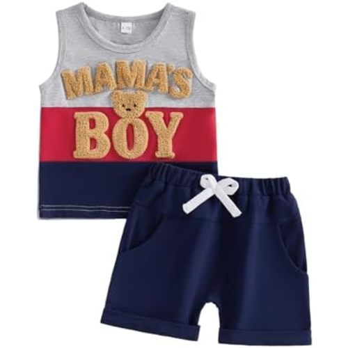 Toddler Baby Boy Summer Clothes Boys Mama's Boy Mothers Day Outfits Bear Embroidery Sleeveless Tops & Shorts Set