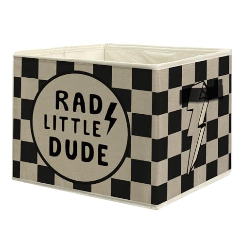 Retro Boy Nursery Storage Bins, Rad Little Dude Black and Beige Checkered Collapsible Storage Box Laundry Basket with Handle for Boys Bedroom Bathroom Playroom Clothes Toys Books
