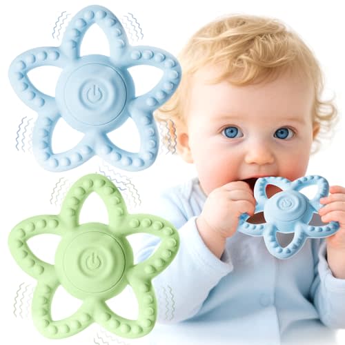 Vibrating Sensory Chew Toy - Baby Teething Toy for Autism/ADHD Toddler, Calming Travel Essential for Airplane/Car,Gift Infants 6-18 Months & 1-2 Year Boys/Girls (Blue+Green)