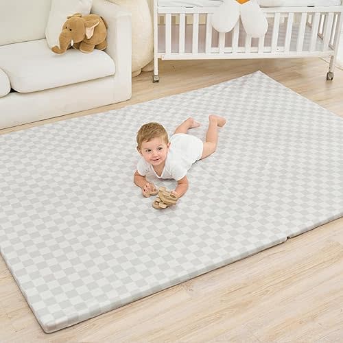 Large Vegan Leather Baby Play Mat for Floor,1.3"Thick Foam 59x82 Foldable Waterproof Kids Play Mat,Stylish and Just Wipe-Clean Playmat for Baby Play on Floor (Grey Checker)
