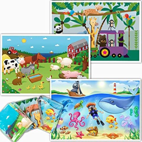 20 Pack Disposable Placemats for Baby, 3 Design Pack Baby Eating Mat, 12" x 18" Sticky Kids Placemats, Toddler Placemat for Restaurants, Plastic Kids Placemat for Dining Table