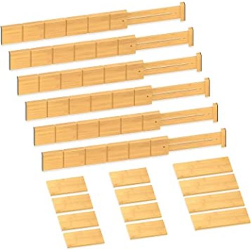 Toydoooco Bamboo Drawer Dividers with 12 Inserts,16.3-22inches,Expandable Kitchen Drawer Organizer,Adjustable Drawer Separators for Bedroom Bathroom Dresser 6 Pack