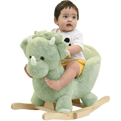 Rocking Horse Green Dinosaur with Chair, Plush Stuffed Animal Rocker for Toddlers 1-3, Baby Rocker with Sweet Music, Wooden Rocking Horse Baby Animal Rocker,CPC Certified