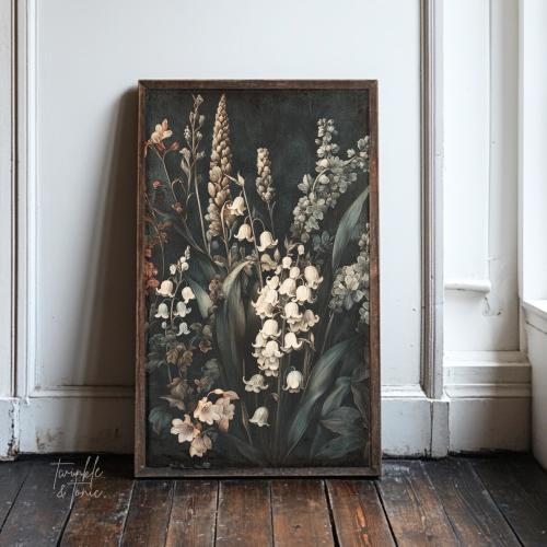 Vintage Lilies of the Valley Wall Art, Still Life Dark Academia Decor, Moody Antique Print, Rustic Aesthetic Poster, Printed and Shipped