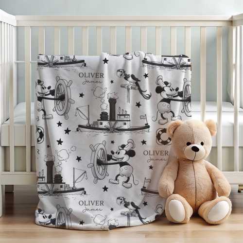 Personalized Vintage Steamboat Willie Mickey Mouse Inspired Baby Blanket Custom Name Baby Blanket Black & White Nursery Blanket Shower Gift