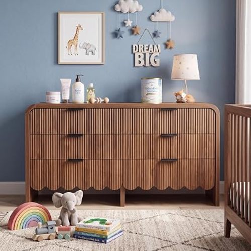 59" Scalloped Large Dresser for Bedroom,Fluted Mid Century Modern Dresser, Espresso 6 Drawer Dressers for Nursery and Kids Room, Living Room