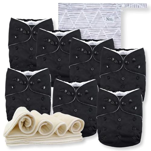 Nora's Nursery Cloth Diapers 7 Pack with 7 Inserts & 1 Wet Bag - Waterproof Cover, Washable, Reusable & One Size Adjustable Pocket Diapers for Newborns and Toddlers - Black Tie
