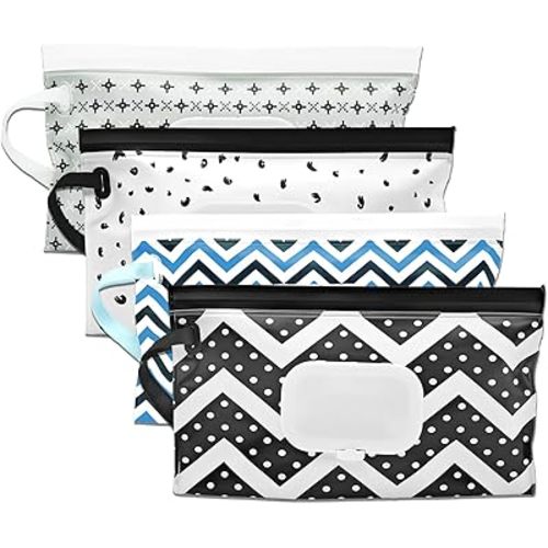 4 Packs Baby Wipes Dispenser,Portable Refillable Wipe Holder with Hanging Loop, Wet Wipes Container,Reusable Travel Baby Wipes Pouch for Indoor & Outdoor Using