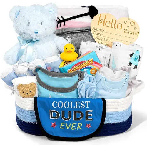 Baby Gift Set for Newborn, New Baby Boy Gift Basket, Newborn Essentials Hat Onesie Bear Toys Keepsake Blanket Infant Diaper Changing Pad Bibs, Baby Shower Gifts for Boys