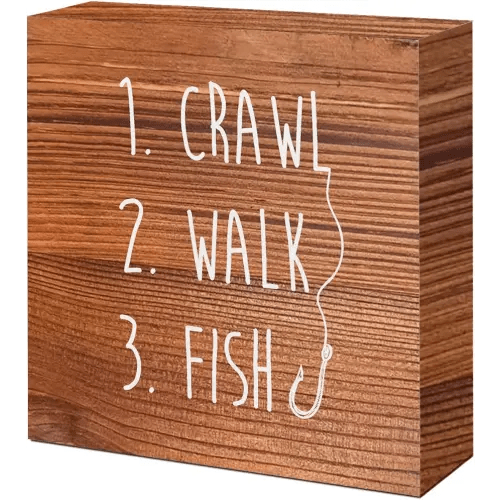 Brown Country Crawl Walk Fish Rustic Wooden Sign Desk Decor,Funny Baby Fishing Wood Block Sign Desk Decorations for Home Bedroom Baby Room Shelf Table Decor