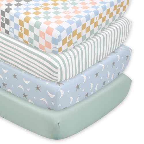 The Peanutshell 4-Pack Celestial Checkered Baby Crib Sheets for Boys Girls Gender Neutral Fitted Crib Sheet for Standard Crib and Toddler Mattress, Breathable Soft Baby Sheet Bed Room Essentials Green