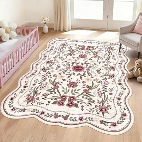 Scalloped Floral Rug 5x7, Burgundy Ivory Washable Non Slip Area Rug for Girls Bedroom, Soft Low Pile Cottagecore Carpet for Nursery, Dorm, Kids Room, or Living Room