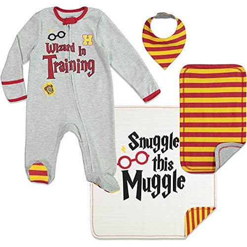 Harry Potter Baby Zip Up Sleep N' Play Coverall Headband Burp Cloth and Blanket 4 Piece Outfit Set Newborn