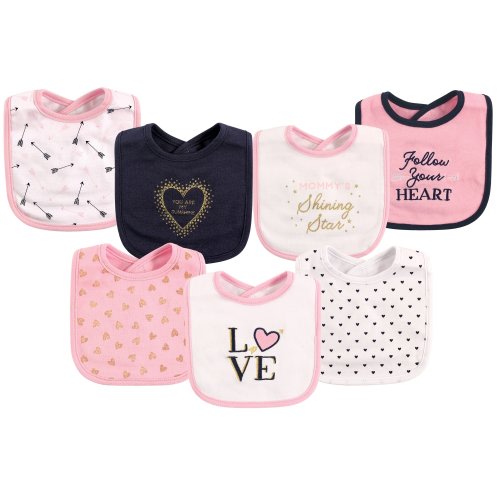 Hudson Baby Infant Girl Cotton Bibs 7pk, Love, One Size - Love - One Size