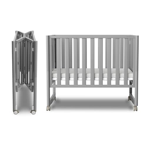 MAMAZING EvoNook 6-in-1 Convertible Mini Crib - Easy Assembly, Portable Folding Baby Mini Crib with Mattress, 100% New Zealand Wood, 4 Adjustable Mattress Heights, Grey with Mattress