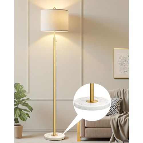【Upgraded】Dimmable Gold Floor Lamps for Living Room, 11W LED Bulb Included, Modern Standing Lamp with Marble Base, Tall Pole Light with White Linen Shade for Bedroom Reading Office Corner Nursery