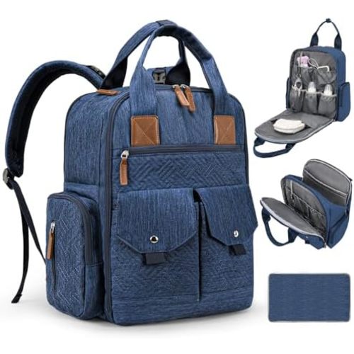 JSTPRO Diaper Bag Backpack - Large Diaper Bag with Portable Changing Pad as Baby Shower Gifts, Lightweight Waterproof Unisex Travel Baby Bag with 4 Insulated Pockets and Stroller Buckles, Dark Blue
