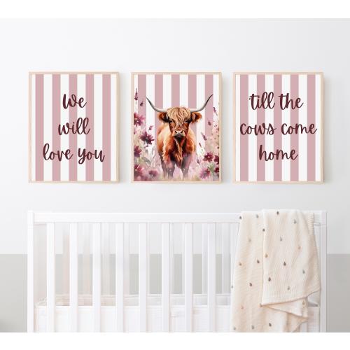 Highland Cow Nursery Decor, Baby Highland Cow Art, Highland Cow Girls Bedroom, Set of Three Prints, Above Crib Decor, Baby Girl Shower Gifts